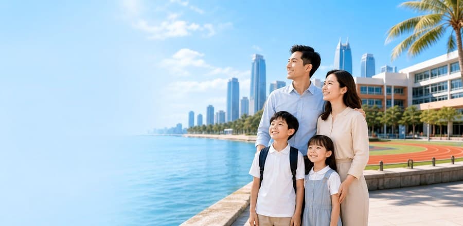 一家四口站在海口滨水校园与城市景观前