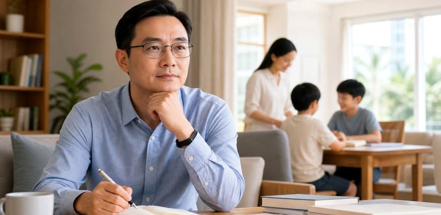 父亲在桌前思考，家人在后方一起学习