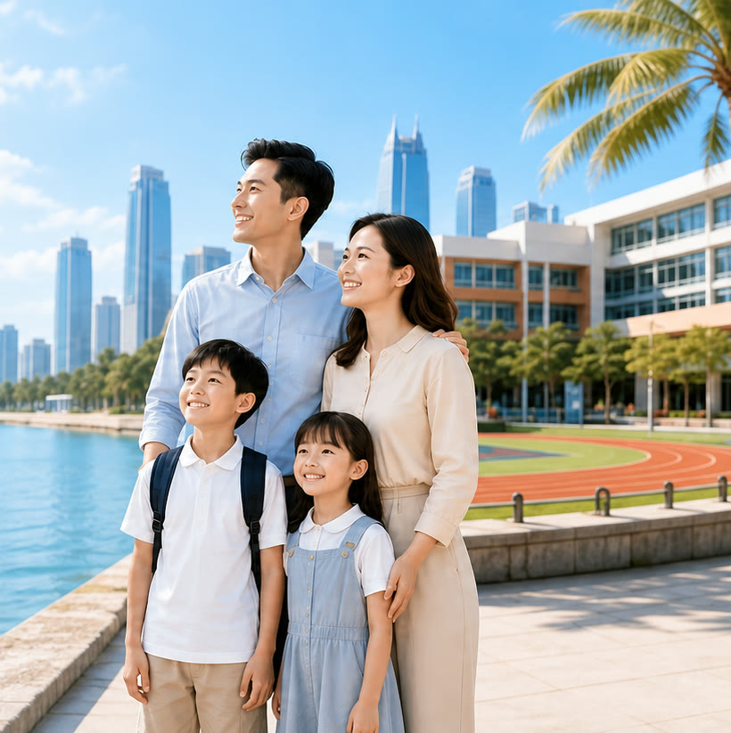 一家四口站在海口滨水校园与城市景观前