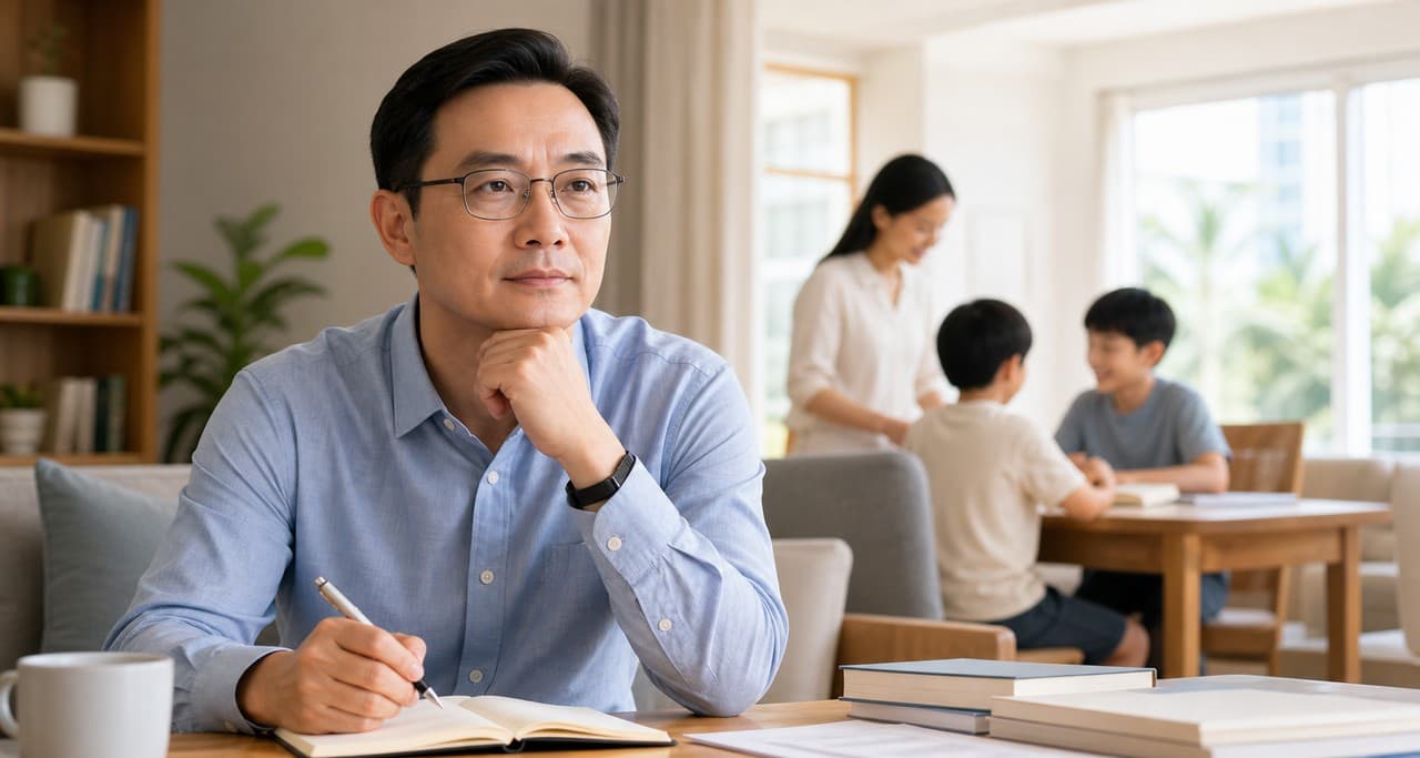 父亲在家中安排搬家和孩子上学的事，家人在背景中学习生活